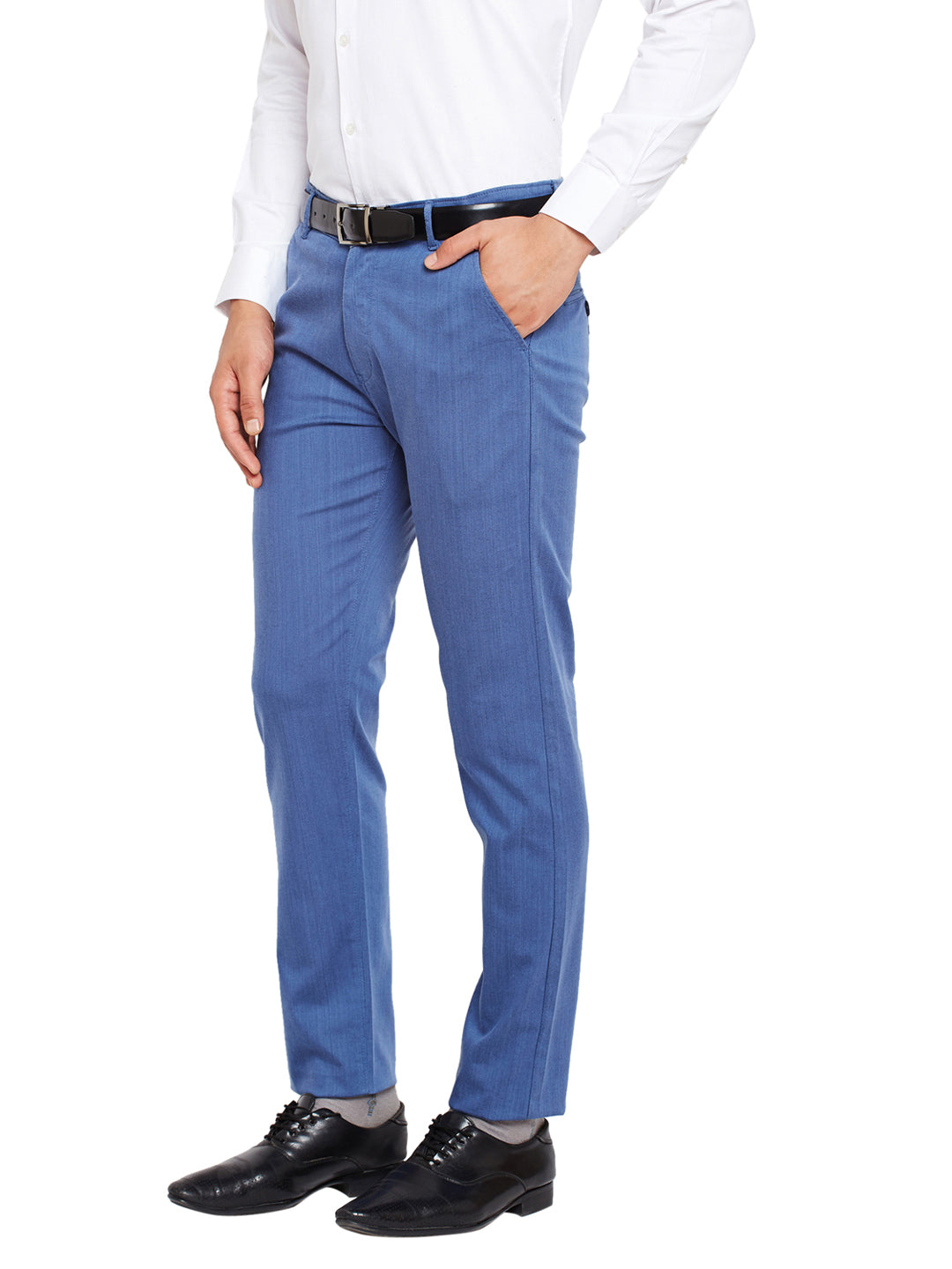 Men Blue Self Design Solid Stretchable Mid Rise Slim Fit Chinos Trouser