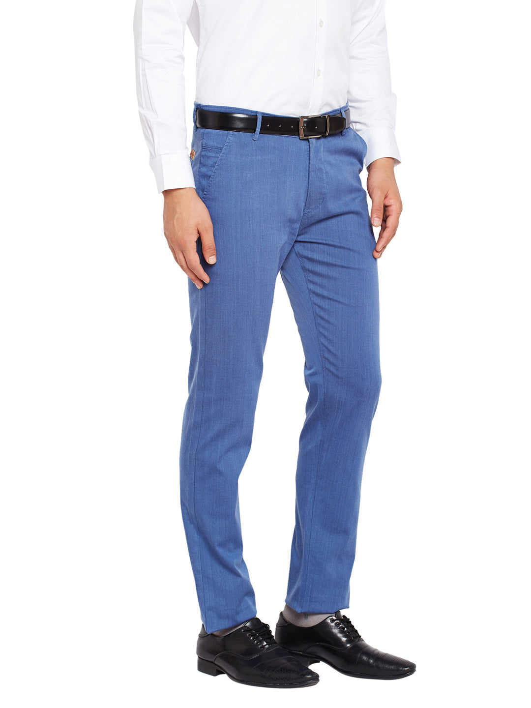 Men Blue Self Design Solid Stretchable Mid Rise Slim Fit Chinos Trouser