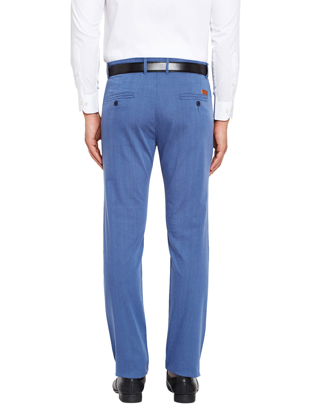 Men Blue Self Design Solid Stretchable Mid Rise Slim Fit Chinos Trouser