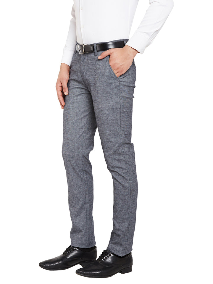 Men Navy Blue Self Design Solid Stretchable Mid Rise Slim Fit Chinos Trouser