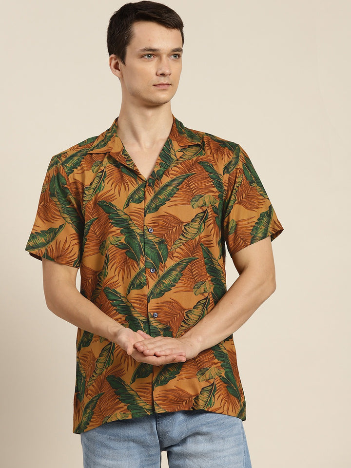 Men Mustard & Green Prints Viscose Rayon Relaxed Fit Casual Resort Shirt