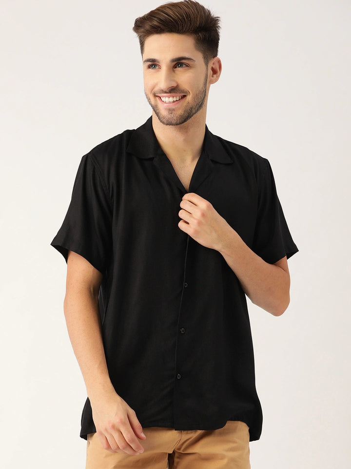 Men Black Solid Viscose Rayon Relaxed Fit Casual Resort Shirt