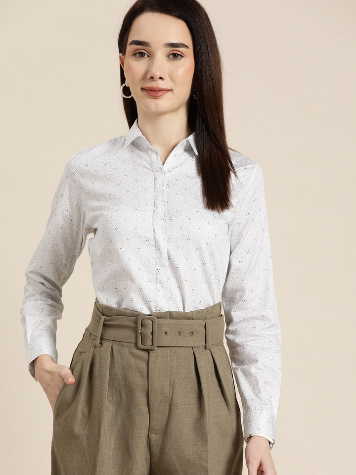 Women White & Grey Printed Pure Cotton Slim Fit Formal Shirt