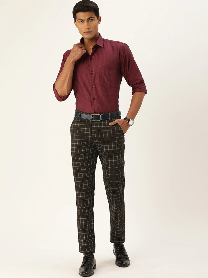 Men Brown Checks Cotton Elastene Slim Fit Formal Trouser