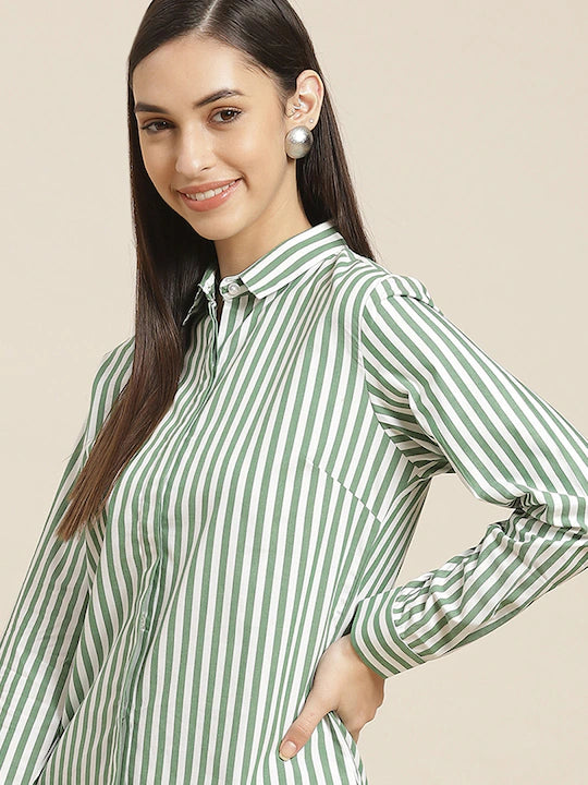 Women Green & White Striped Pure Cotton Slim Fit Formal Shirt