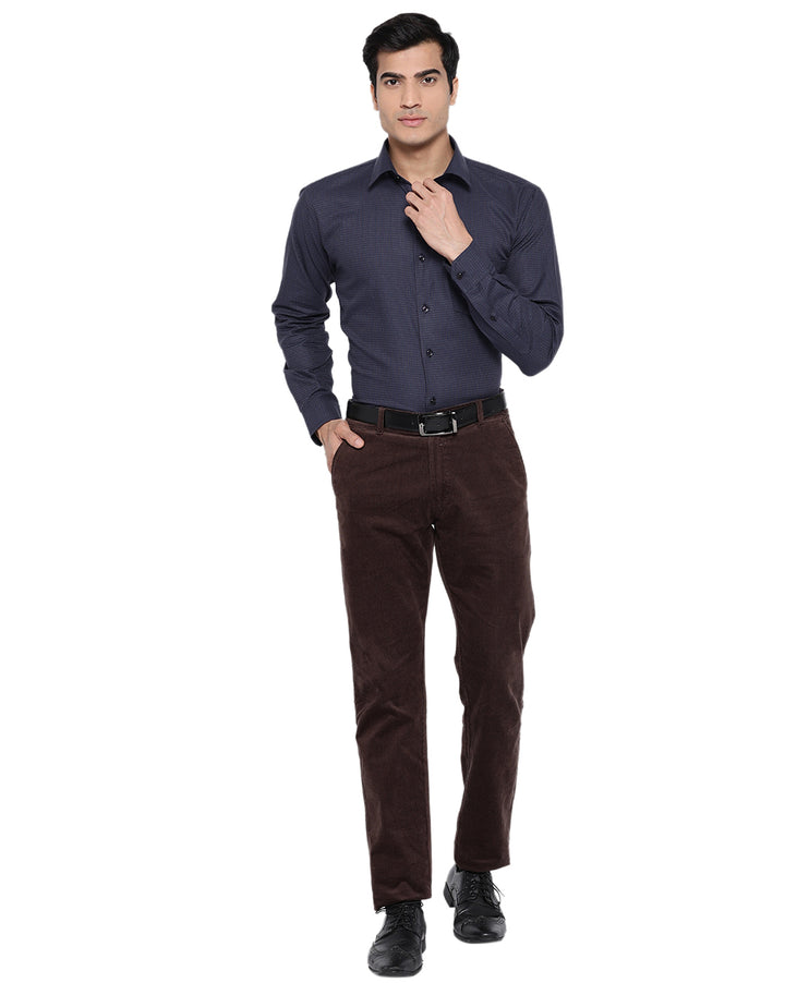 Men Navy Cotton Self Design Slim Fit Formal Shirt