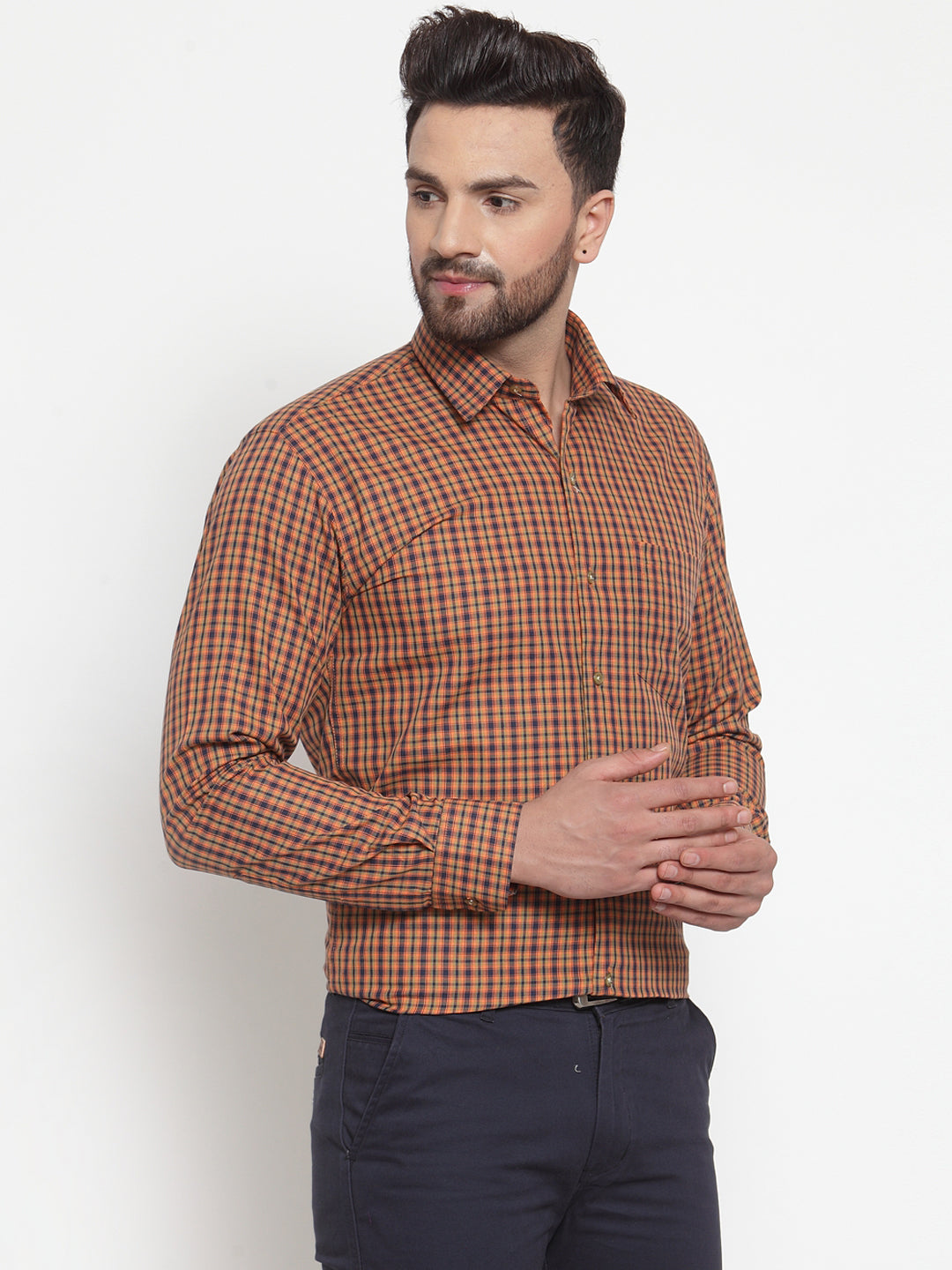 Men Mustard & Navy Pure Cotton Checked Slim Fit Formal Shirt
