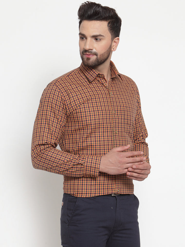 Men Mustard & Navy Pure Cotton Checked Slim Fit Formal Shirt