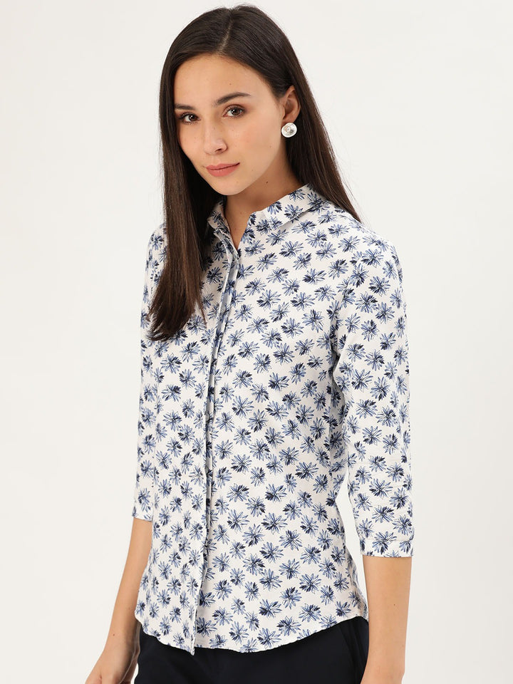 Women White & Blue Prints Pure Cotton Slim Fit Formal Shirt