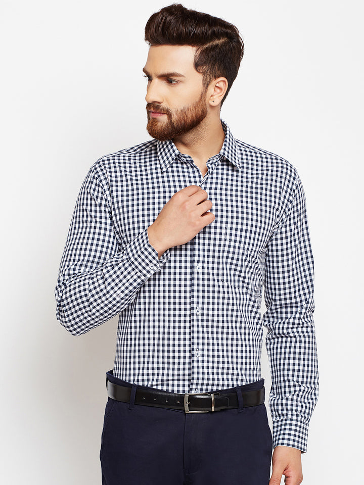 Men Navy Blue Checks Slim Fit Pure Cotton Formal Shirt