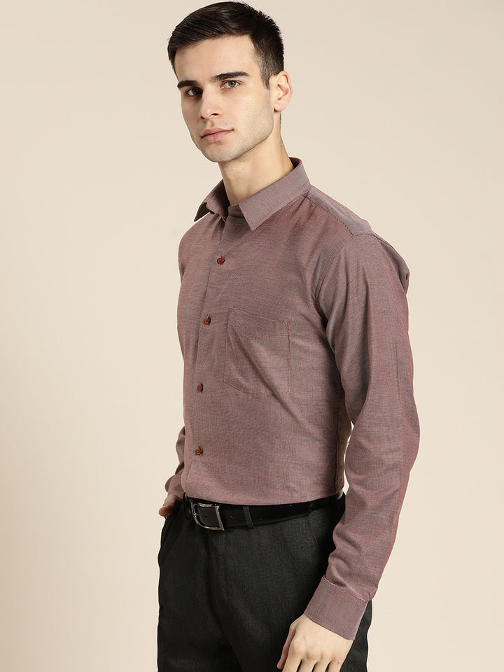 Men Maroon Solid Self Design Pure Cotton Slim Fit Formal Shirt