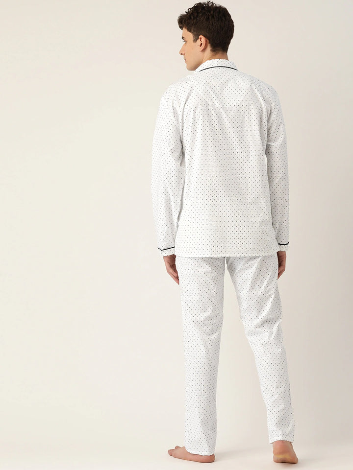 Men White Micro Dot Printed Pure Cotton Regular Fit Night Wear Night Suit