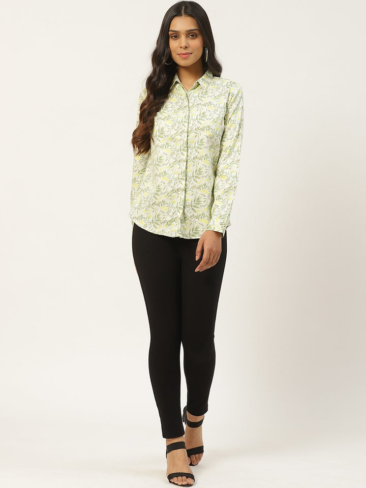 Women Cream & Green Prints Pure Cotton Slim Fit Formal Shirt