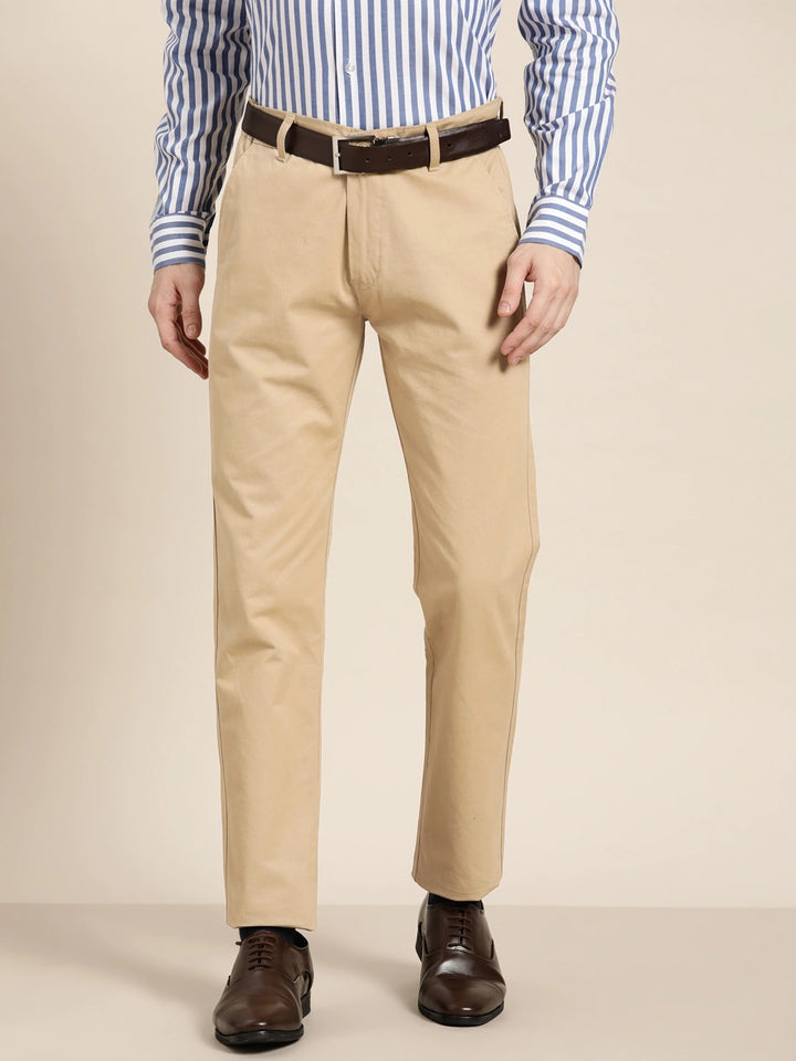 Men Beige Solids Pure Cotton Slim Fit Formal Trouser