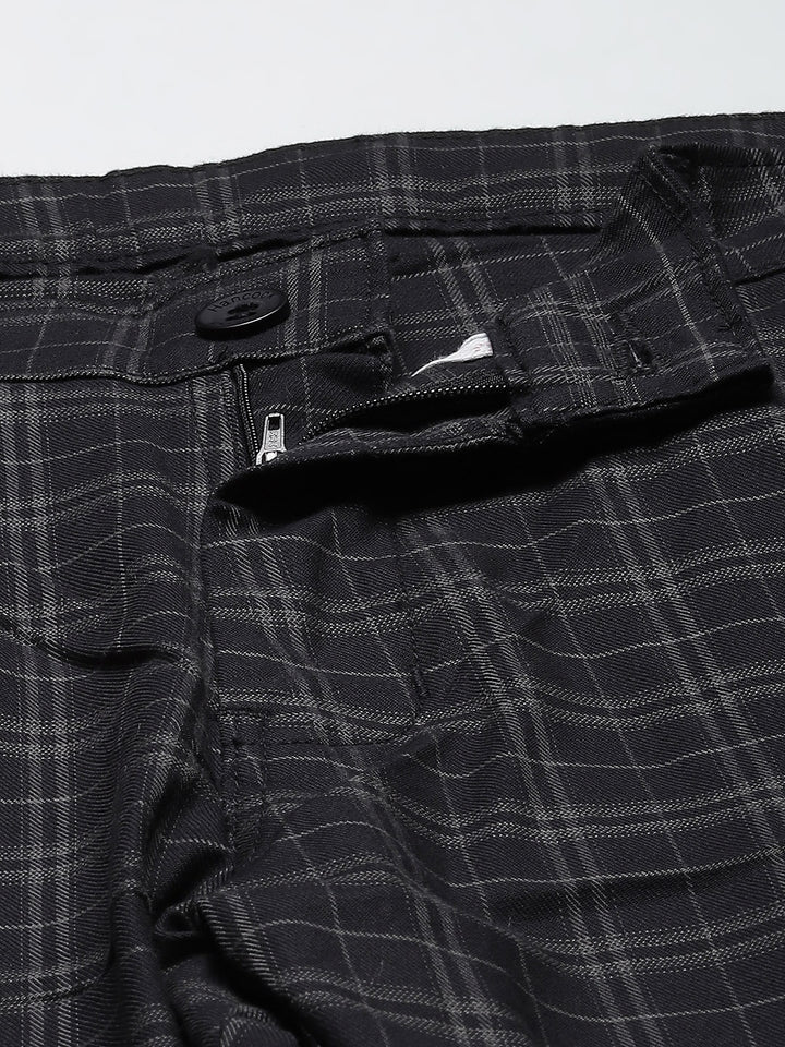 Men Black Checks Cotton Elastene Slim Fit Formal Trouser