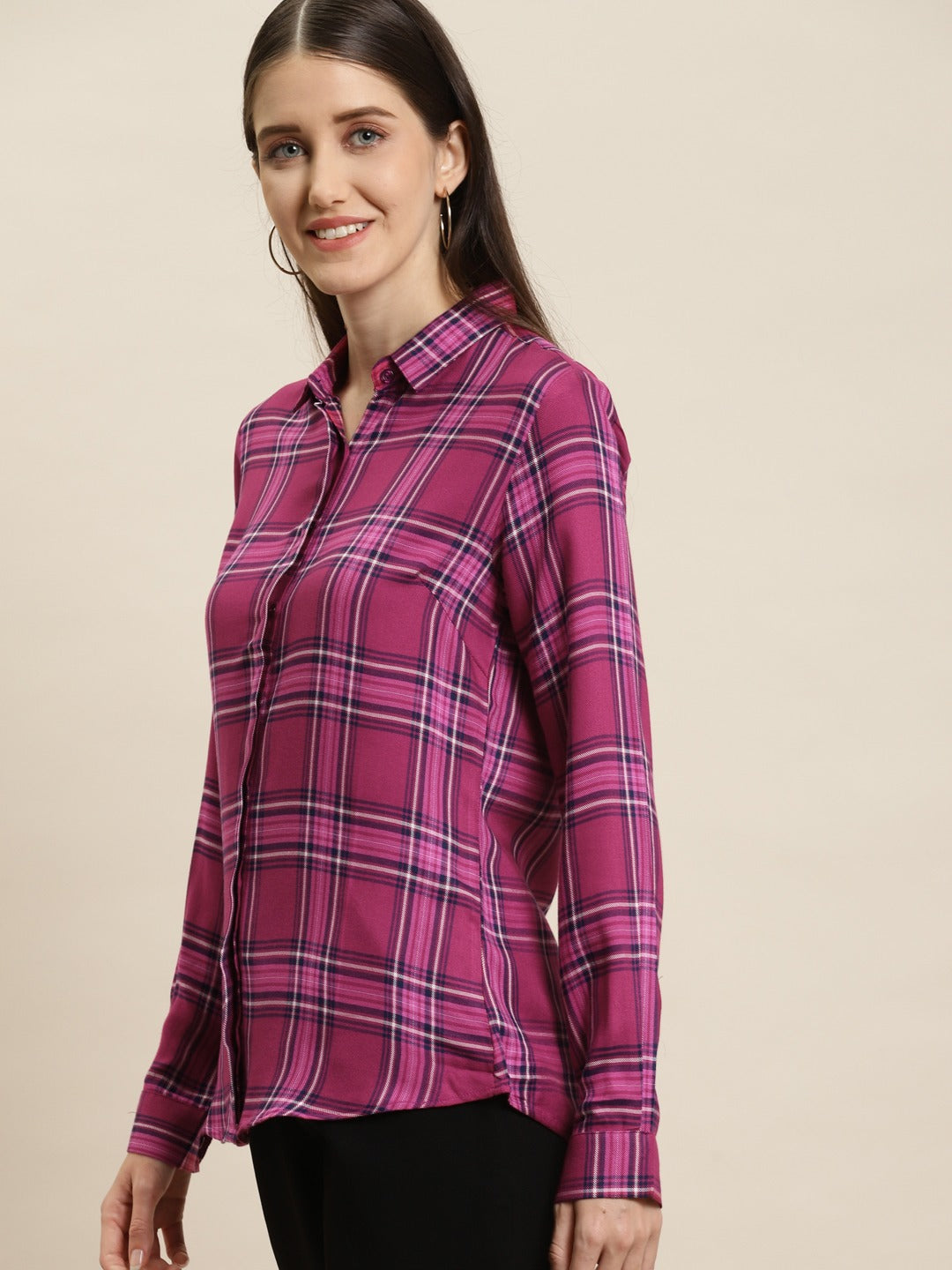 Women Magenta Checks Viscose Rayon Slim Fit Formal Shirt