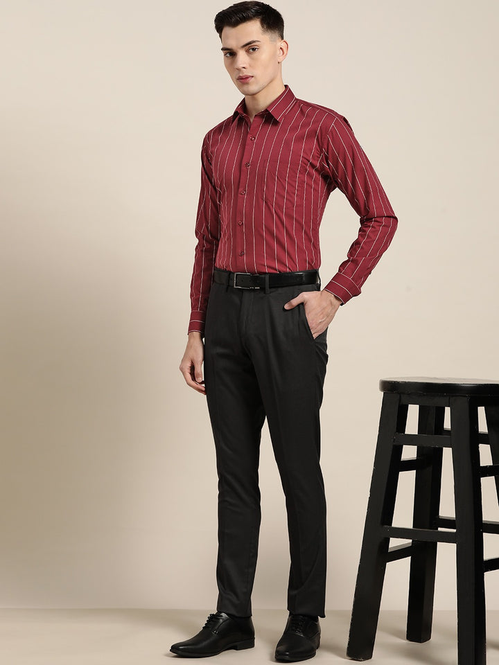 Men Maroon Stripes Pure Cotton Slim Fit Formal Shirt