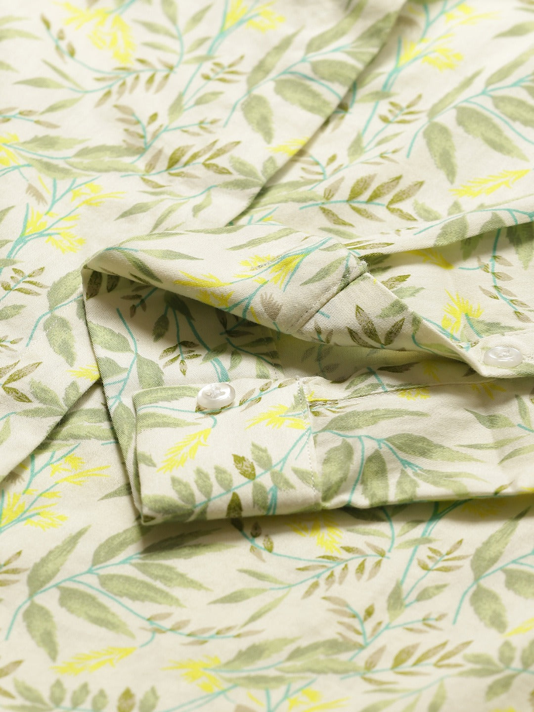 Women Cream & Green Prints Pure Cotton Slim Fit Formal Shirt