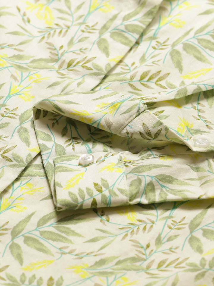 Women Cream & Green Prints Pure Cotton Slim Fit Formal Shirt