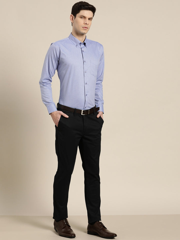 Men Sky Solid Chambray Button Down Collar Slim Fit Formal Shirt