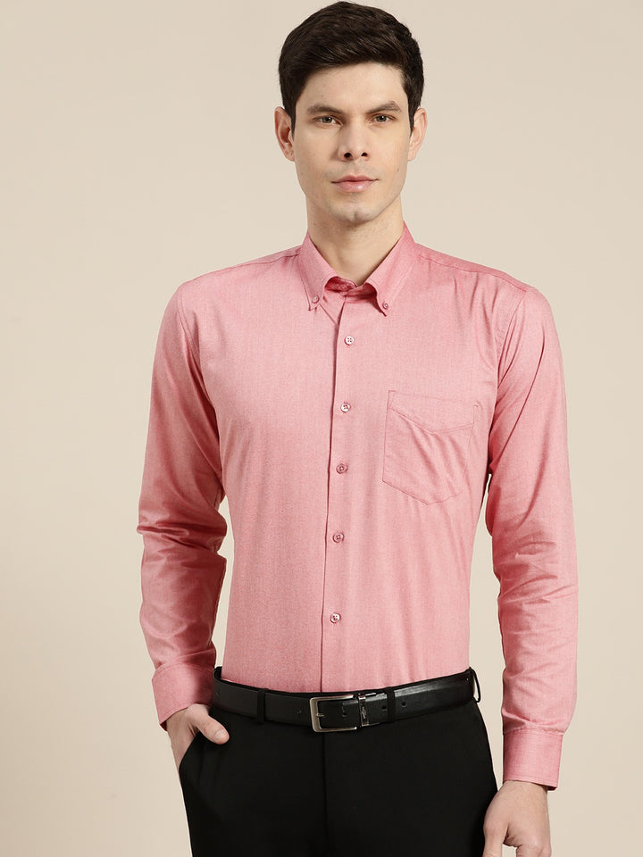 Men Coral Solid Chambray Button Down Collar Slim Fit Formal Shirt