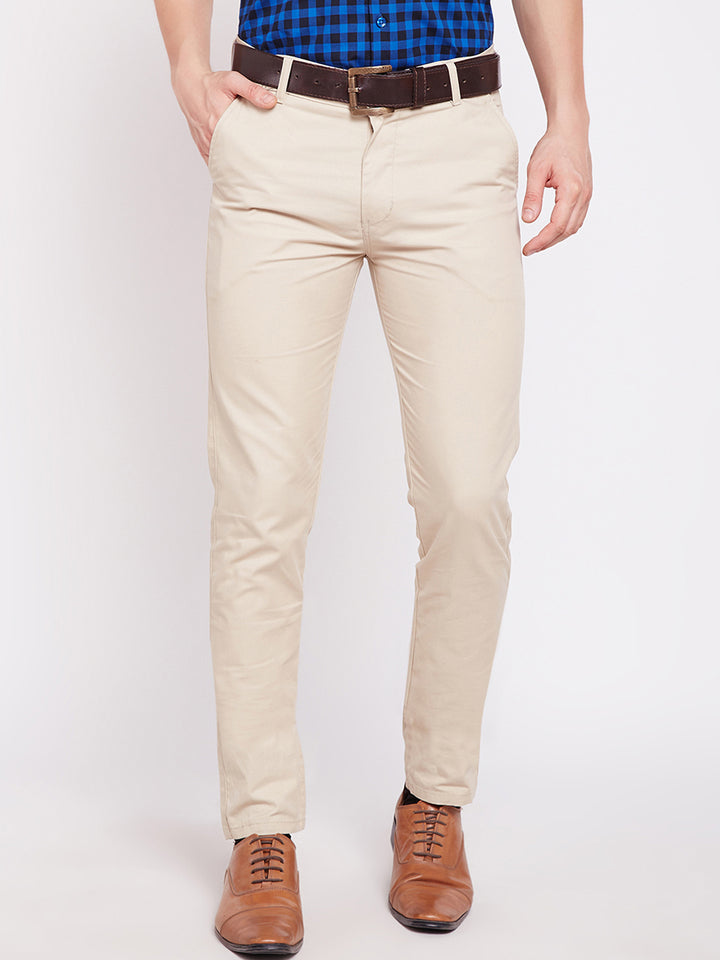 Men Beige Pure Cotton Solid Slim Fit Casual Trouser