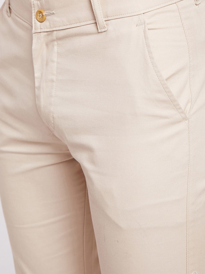 Men Beige Pure Cotton Solid Slim Fit Casual Trouser