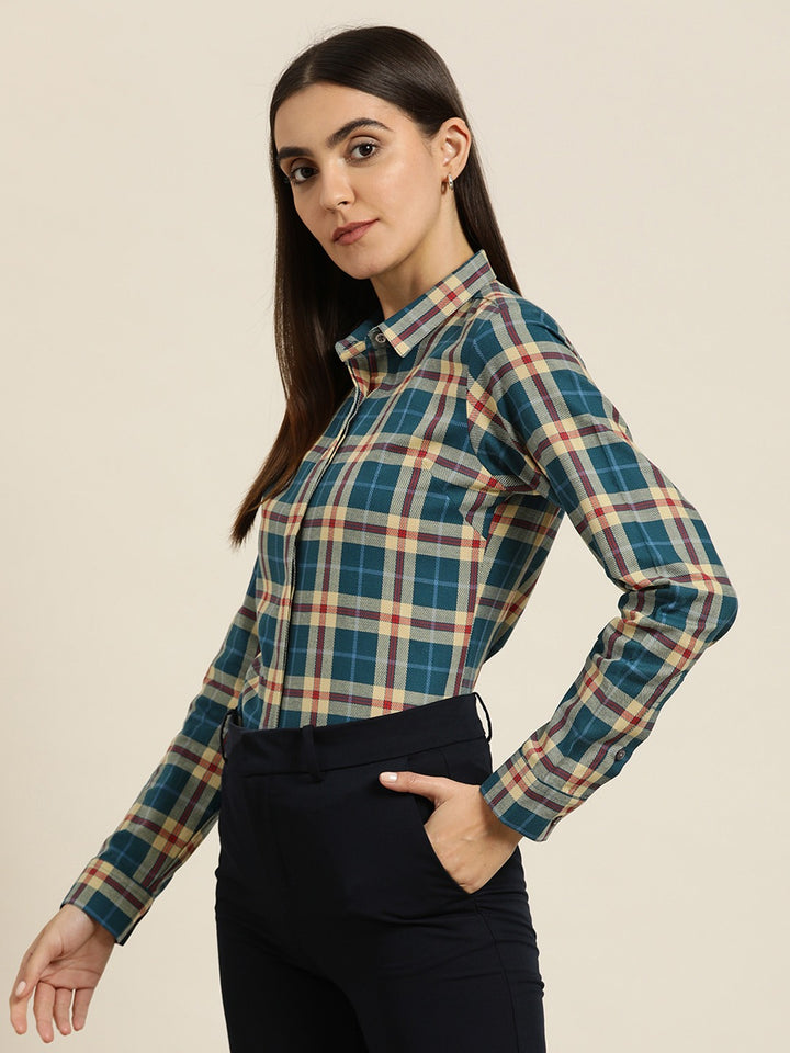 Women Turquoise & Beige Tartan Plaided Checked Cotton Slim Fit Formal Shirt
