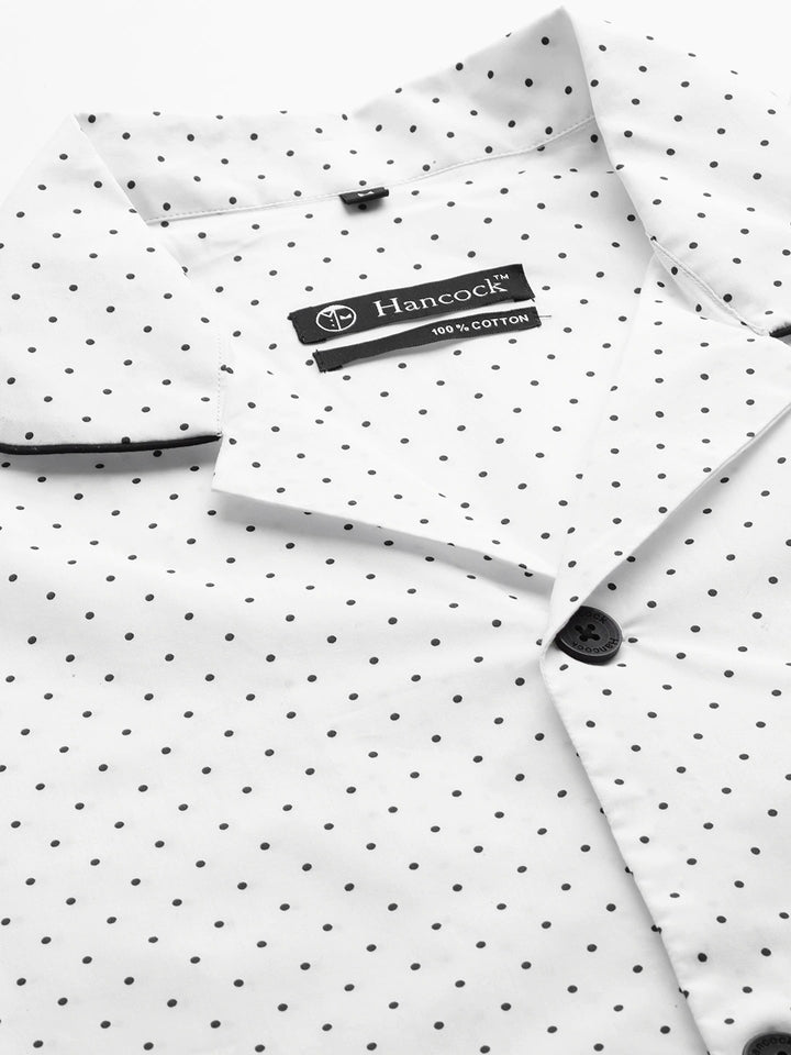 Men White Micro Dot Printed Pure Cotton Regular Fit Night Wear Night Suit