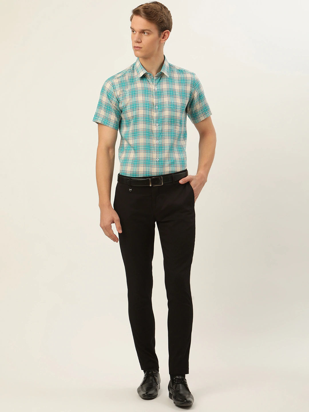 Men Beige & Green Checks Pure Cotton Slim Fit Formal Shirt