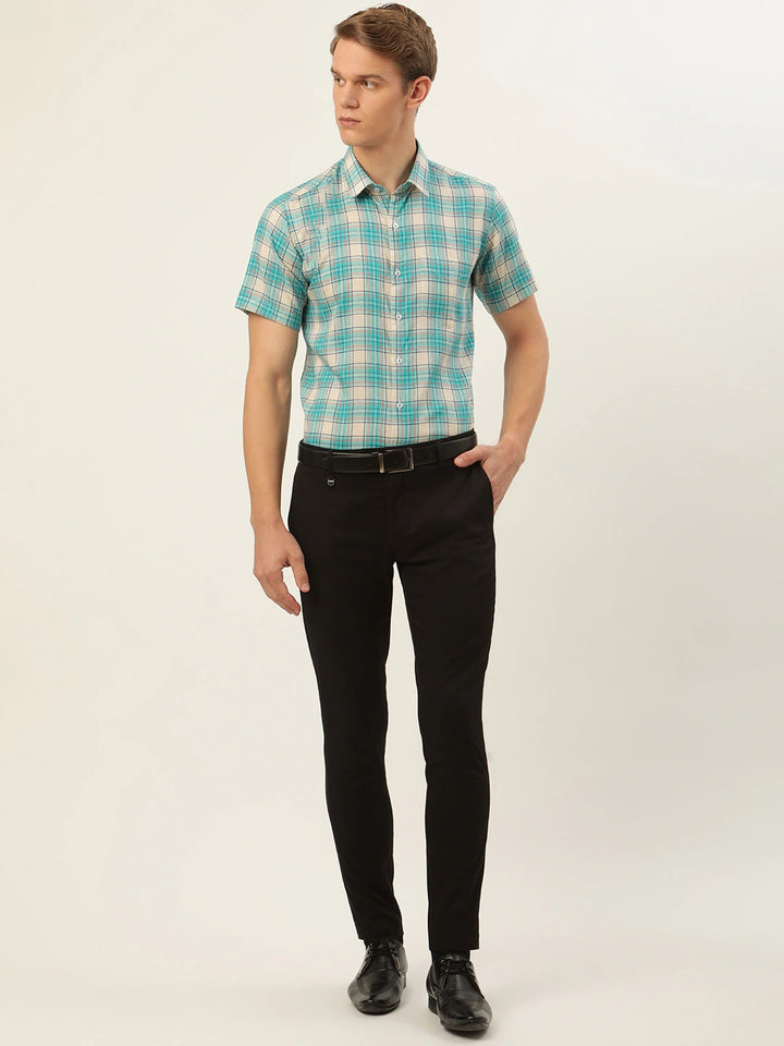 Men Beige & Green Checks Pure Cotton Slim Fit Formal Shirt