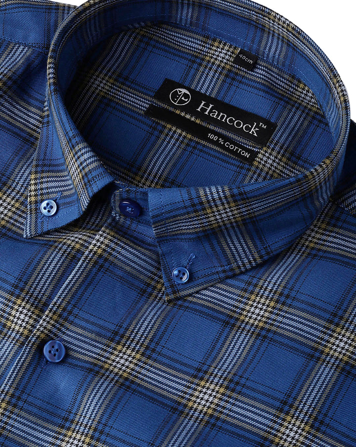 Men Blue Cotton Checked Slim Fit Formal Shirt