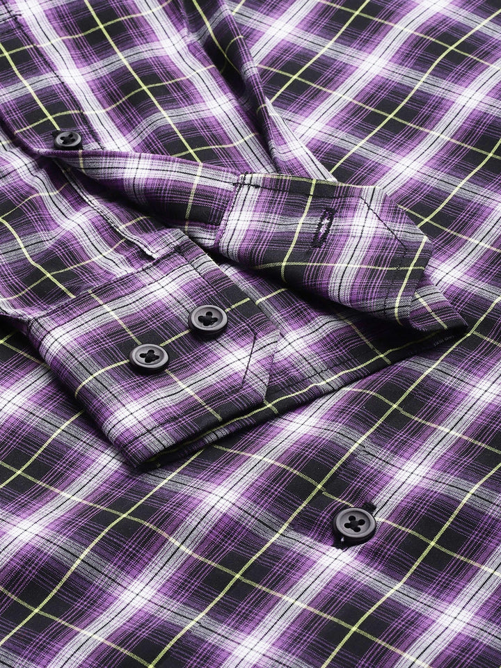 Men Mauve & Black Checked Pure Cotton Slim Fit Casual Shirt