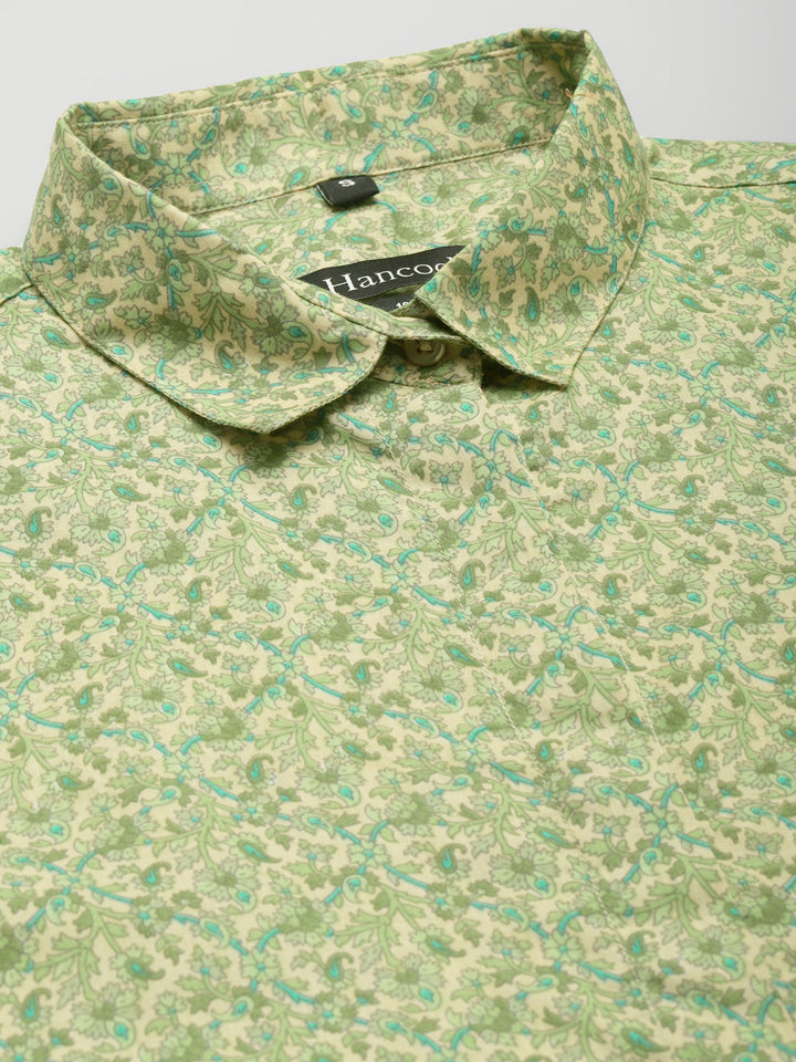 Women Beige & Green Printed Pure Cotton Regular Fit Formal Shirt
