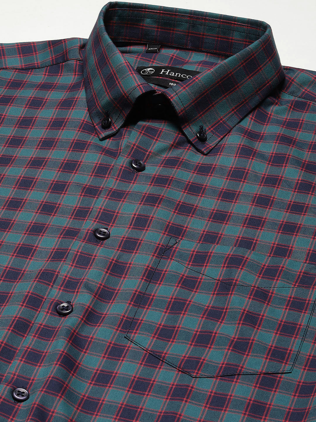 Men Navy & Green Checked Pure Cotton Slim Fit Formal Shirt