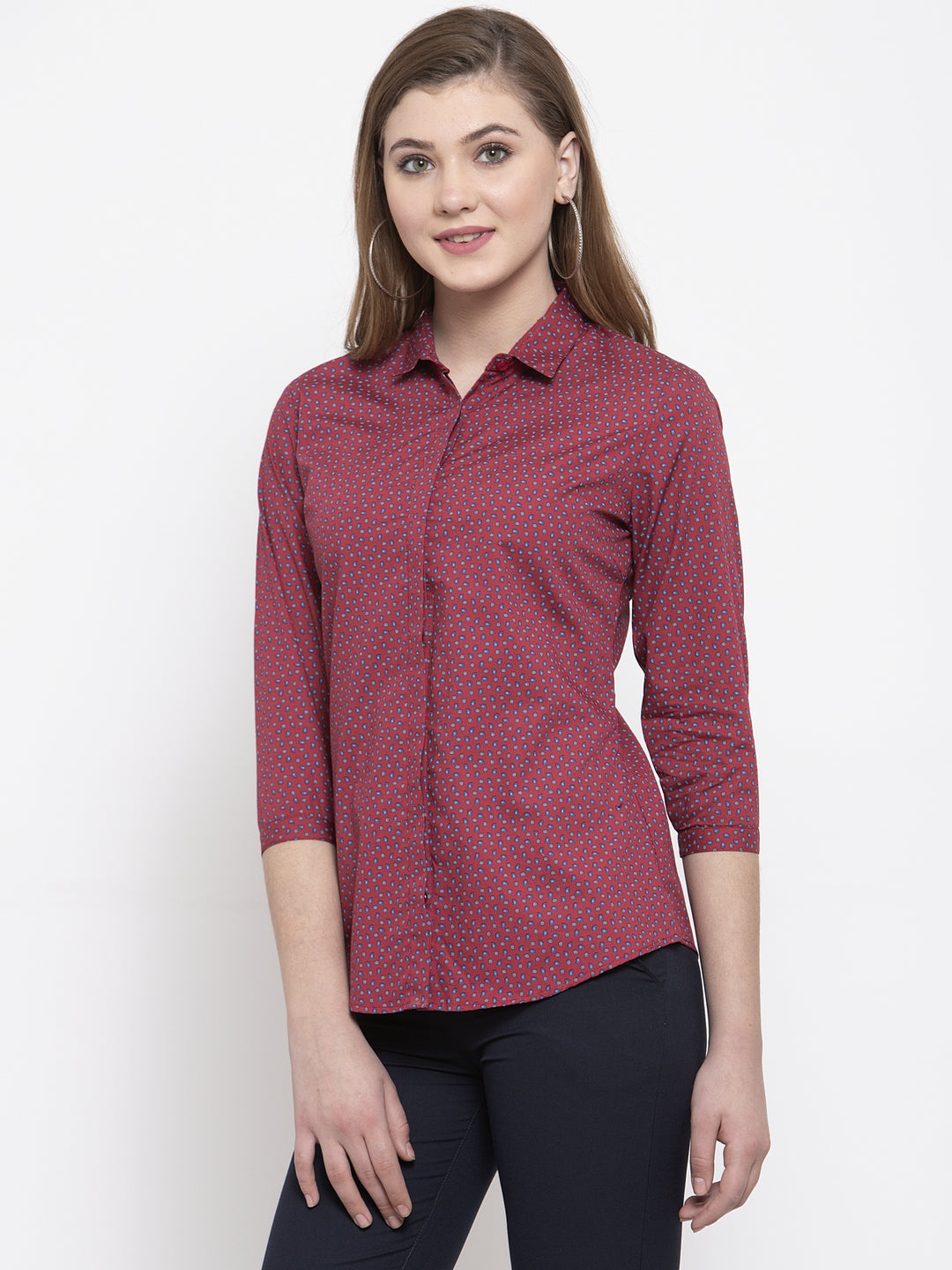 Women Red Pure Cotton Printed Slim Fit Formal Shirt