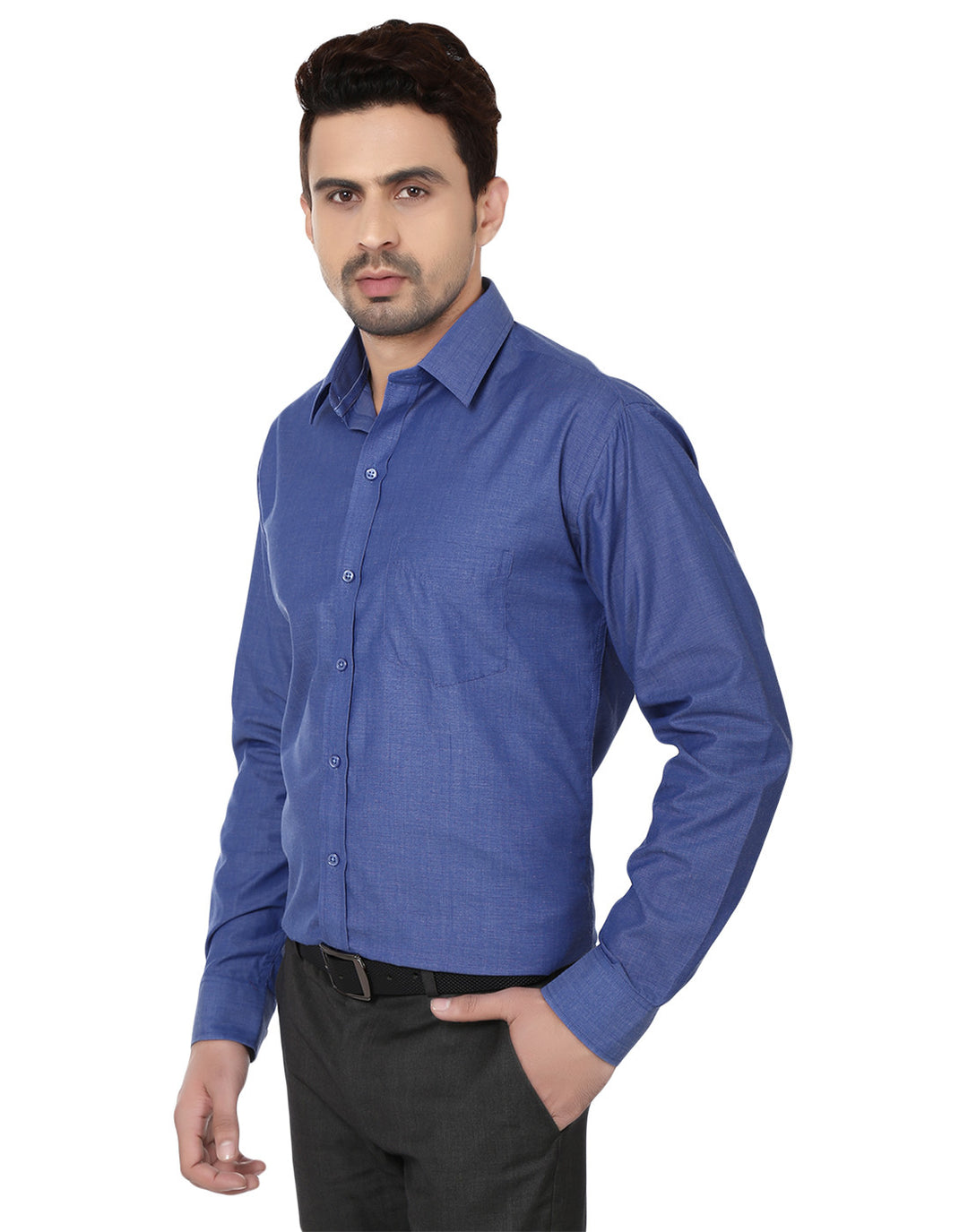 Men Imperial Blue Solid Cotton Rich Slim Fit Formal Shirt