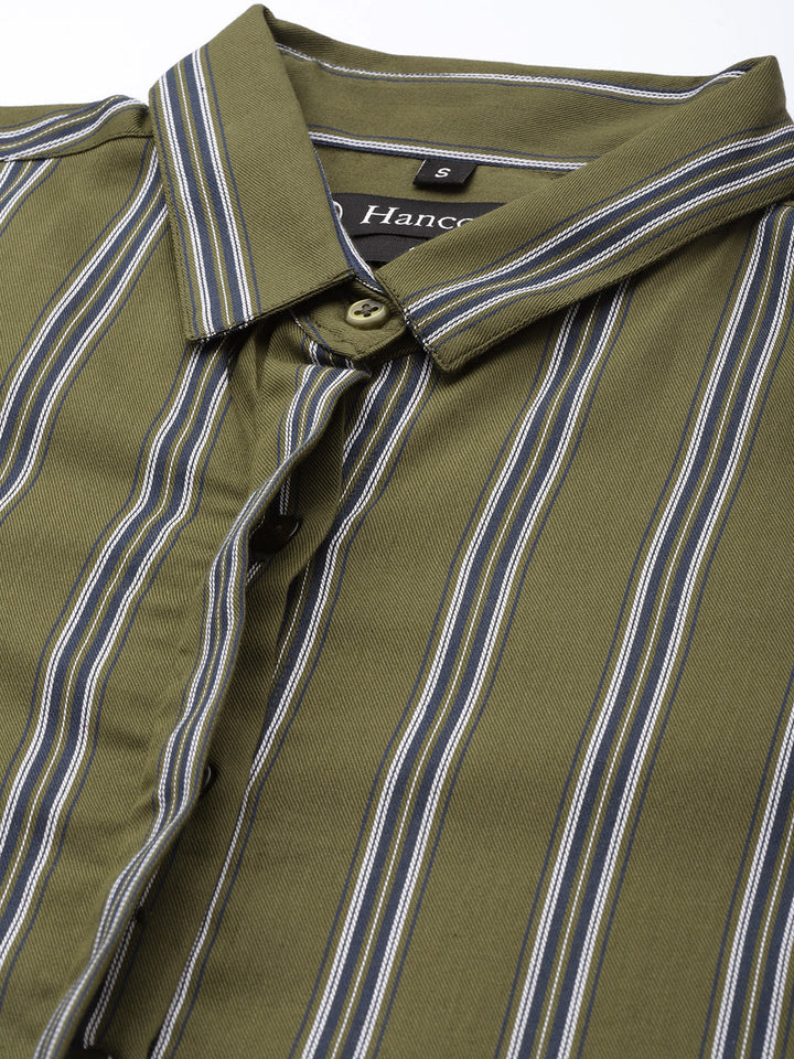 Women Olive Striped Pure Cotton Slim Fit Formal Shirt