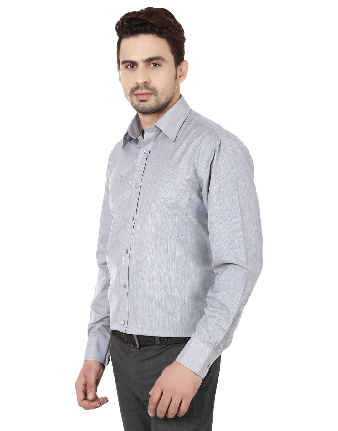 Men Grey Solids Cotton Rich Regular Fit Formal Shirt