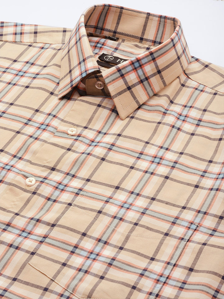 Men Beige Checked Pure Cotton Slim Fit Formal Shirt