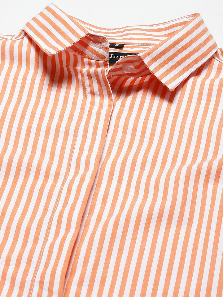 Women Orange & White Stripes Pure Cotton Slim Fit Formal Shirt