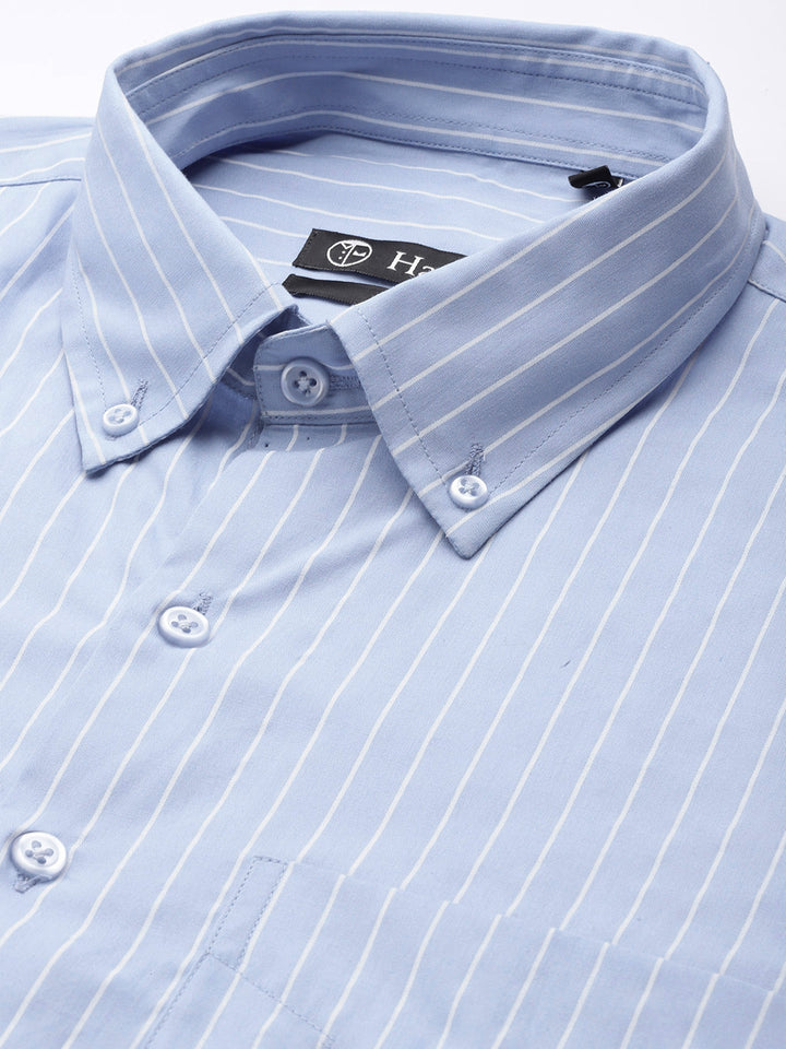 Men Blue Pure Cotton Striped Button Down Collar Slim Fit Formal Shirt