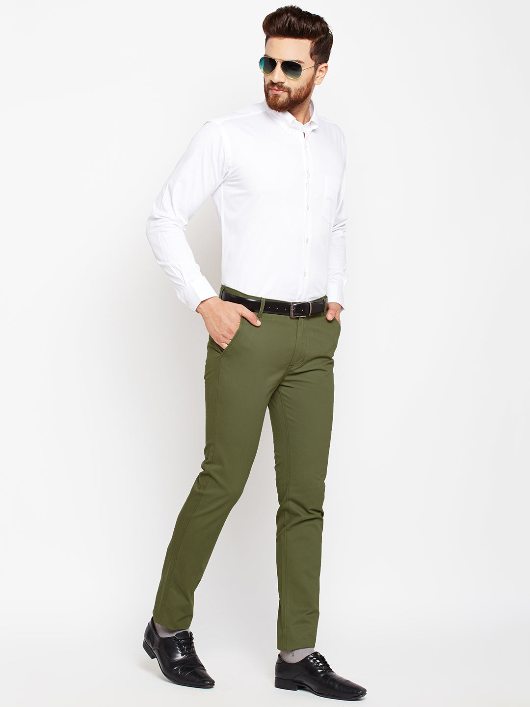 Men Green Pure Cotton Solid Slim Fit Casual Trouser