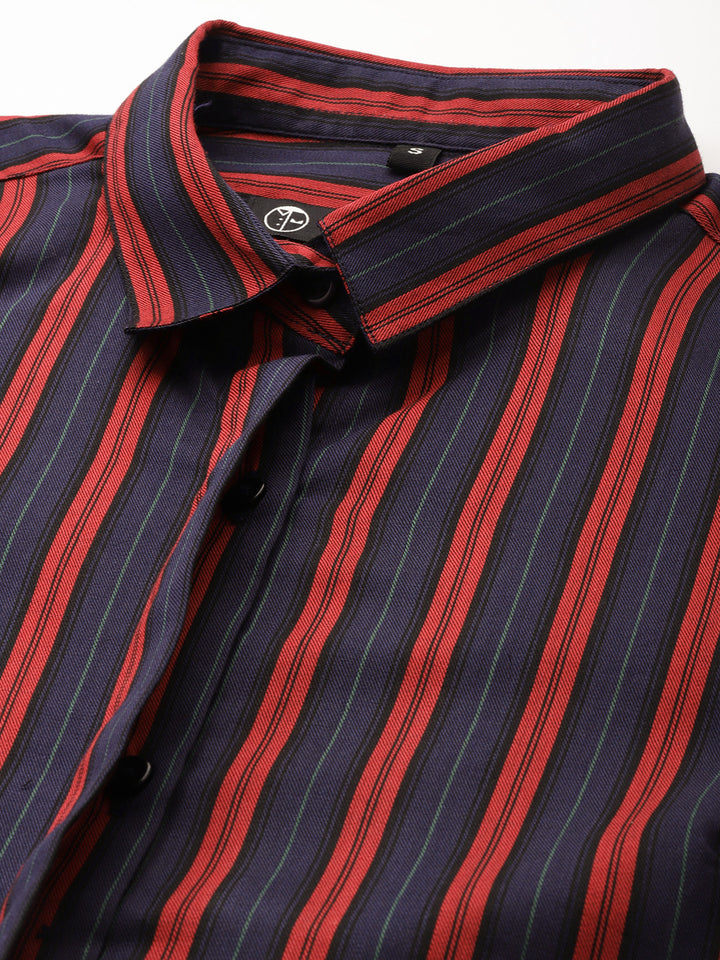 Women Navy & Red Stripes Pure Cotton Slim Fit Formal Shirt