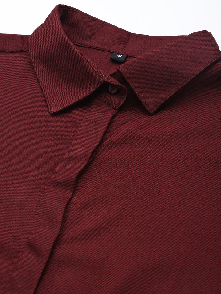 Women Burgundy Solid Viscose Rayon Regular Fit Formal Shirt