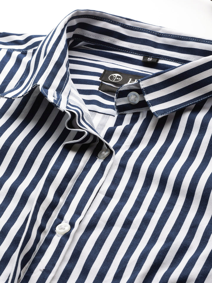 Women White & Navy Stripes Pure Cotton Slim Fit Formal Shirt