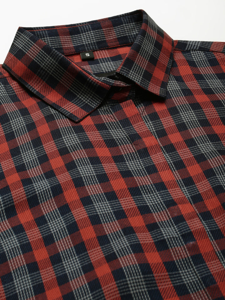 Women Navy & Red Checked Pure Cotton Regular Fit Formal Shirt