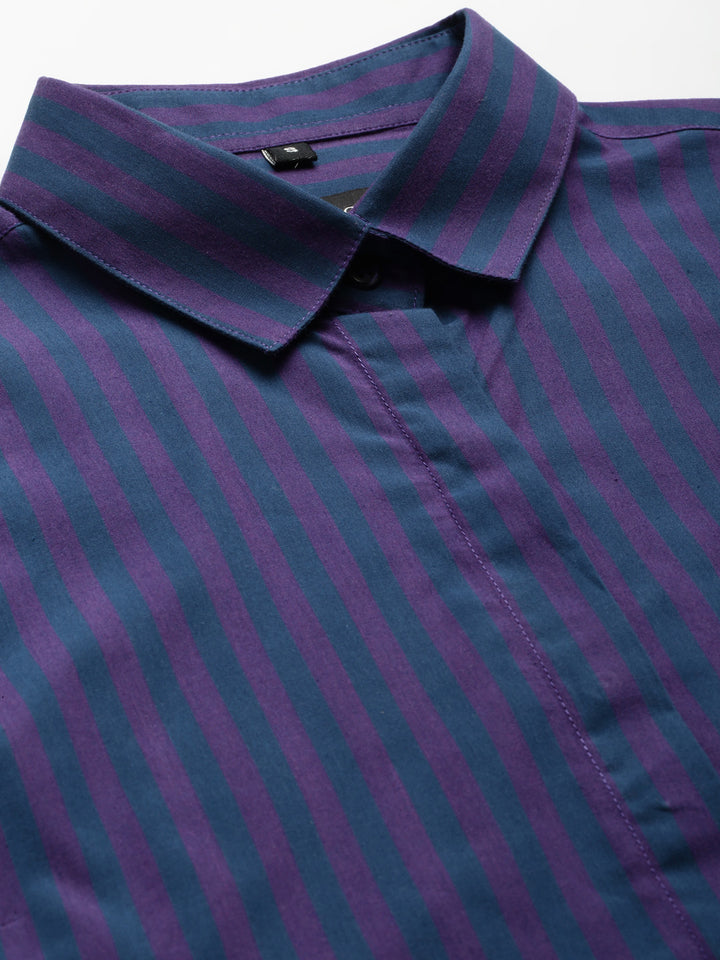 Women Navy & Purple Striped Pure Cotton Regular Fit Formal Shirt