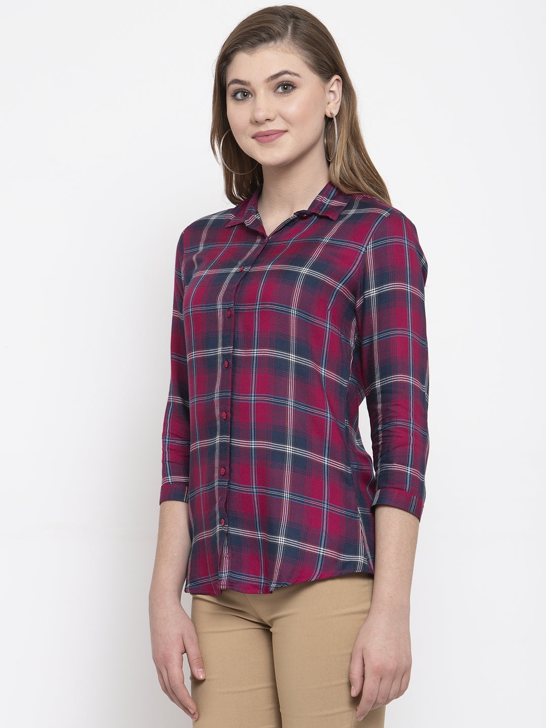 Women Navy & Red Viscose Rayon Checked Slim Fit Formal Shirt