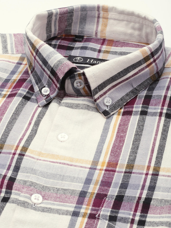 Men Beige & Black Checks Pure Cotton Slim Fit Formal Shirt